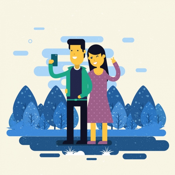 selfie drawing happy couple icon colored cartoon
