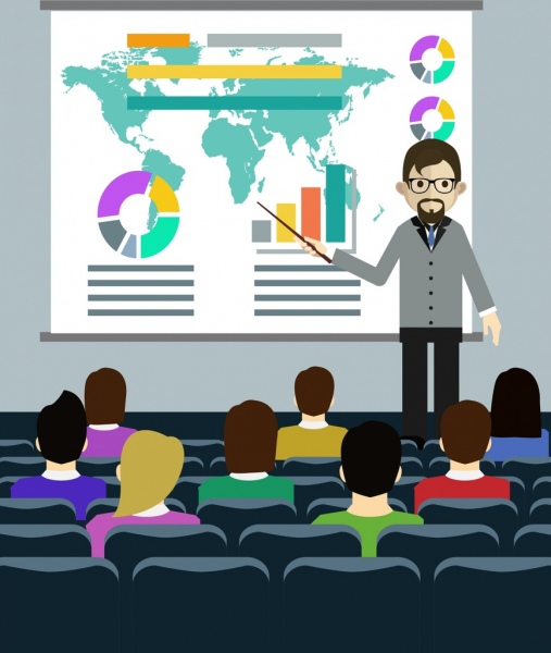 seminar background lecturer audience icons colored cartoon design