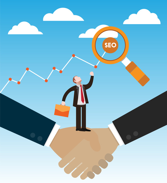 seo concept vector illustration with businessmen and handshake 