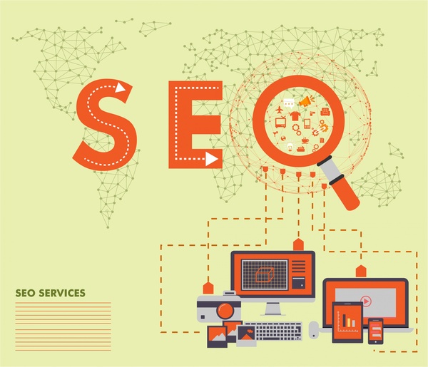seo services concept vector illustration with magnifier and devices