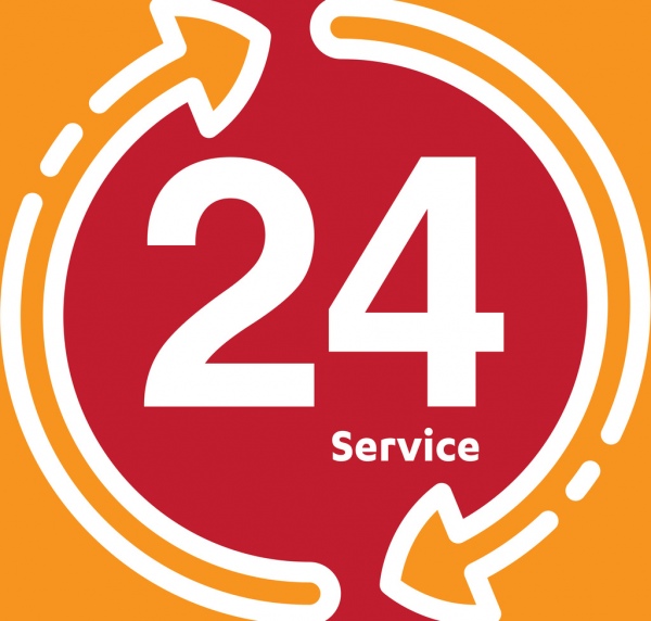 service and support for customers 24 hours a day and 7 days a week icon open around the vector clock