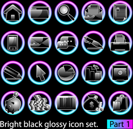 set of bright black glossy icon vector