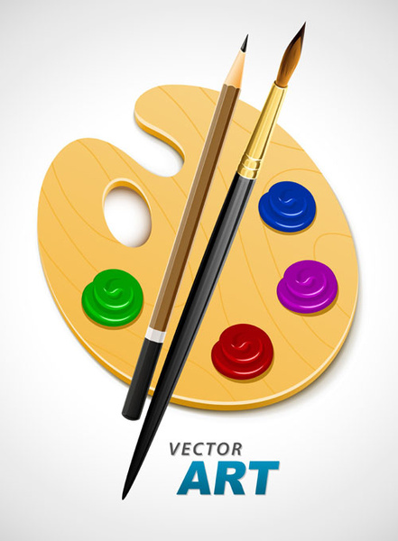 set of wooden palette and brushes vector