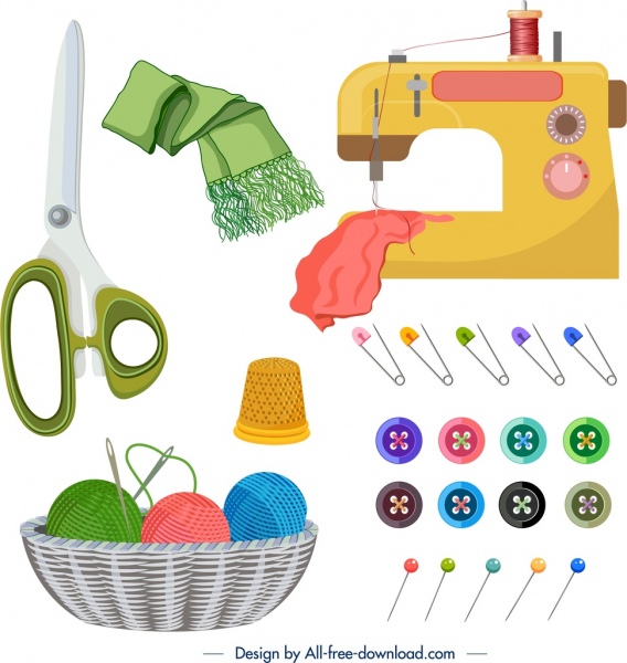 sewing work design elements colored machine tools icons