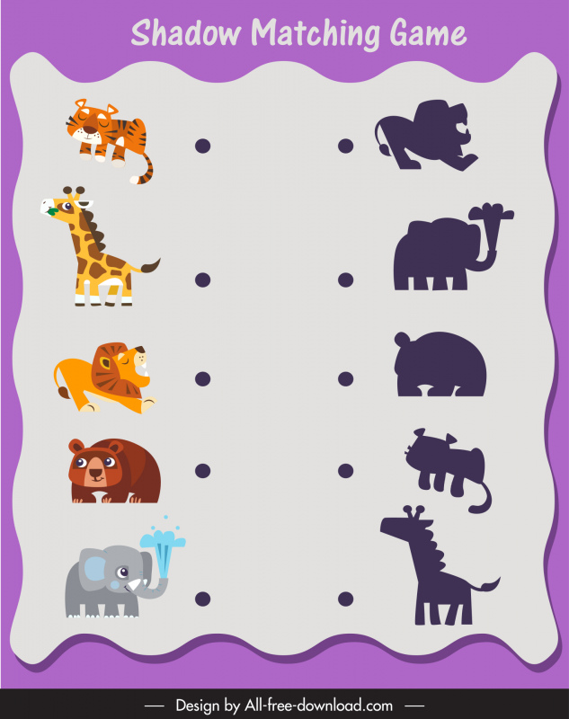 shadow matching game backdrop template cute cartoon silhouette wild animals sketch