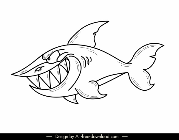 shark icon cartoon character black white hanndrawn design 