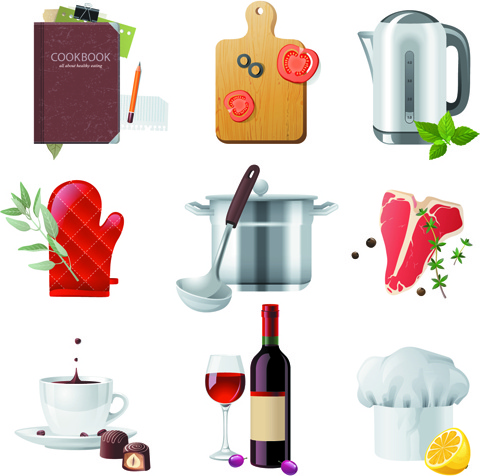 shiny food cooking icons vector 