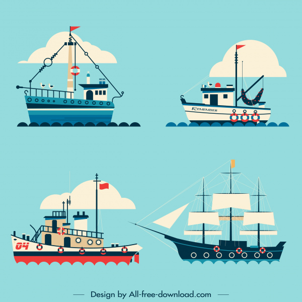 ship icons colored flat sketch modern classic models