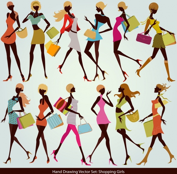 shopping girls icons colorful dynamic sketch