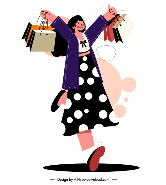 shopping icon joyful woman sketch cartoon design