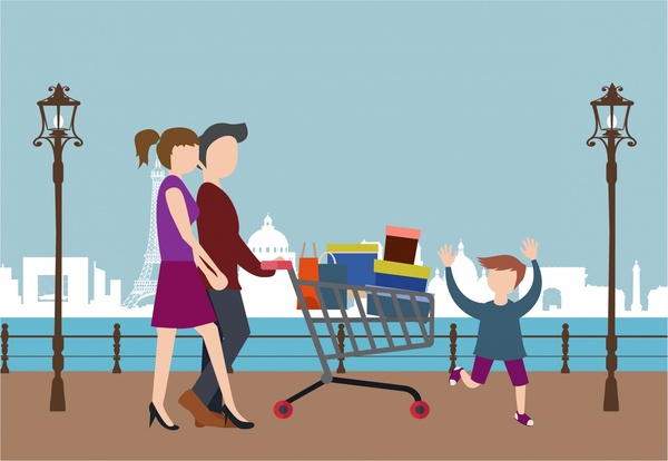 shopping people theme design family pushing cart illustration 