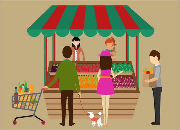 shopping theme clerks and customers at food store