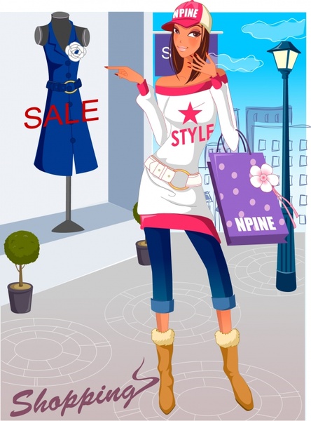 shopping background young fashionable girl icon cartoon character