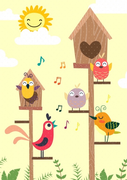 singing birds background colored cartoon design