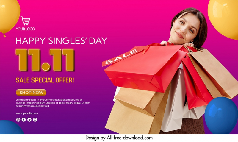 singles day discount banner template happy shopper realistic