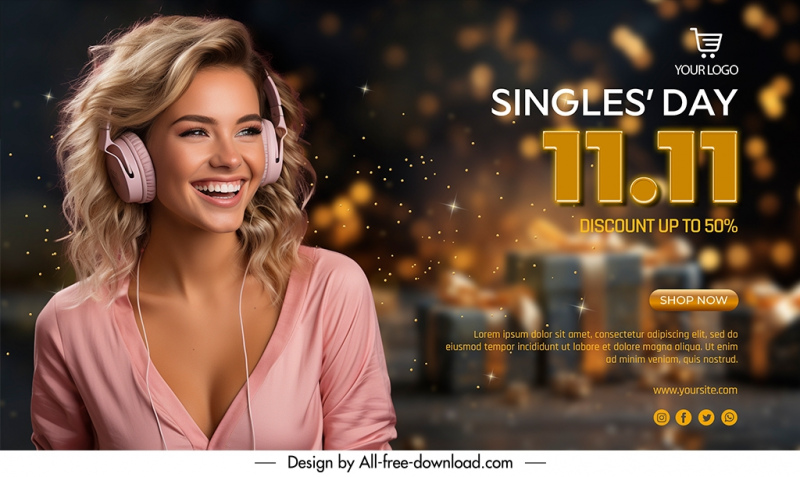 singles day sale banner template smiley lady bokeh light