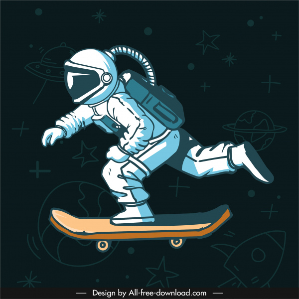 skateboarding astronaut background dynamic handdrawn cartoon