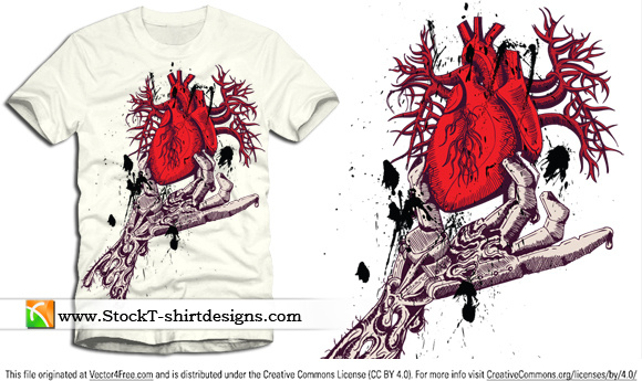 skeleton hand holding anatomical red heart with free tee design