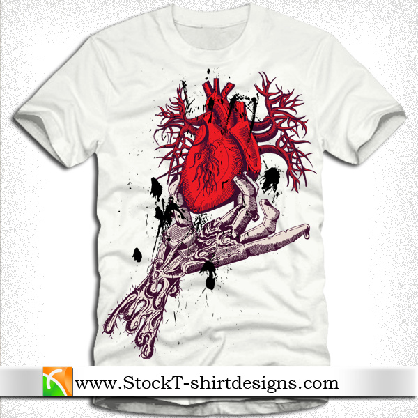 skeleton hand holding anatomical red heart with free tshirt design
