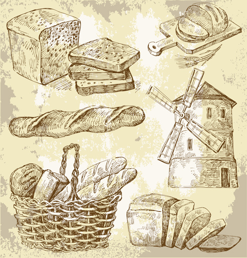 sketch bread and windmills vector