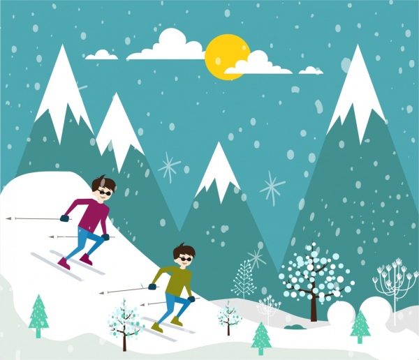 skiing sports drawing colorful outdoor cartoon design