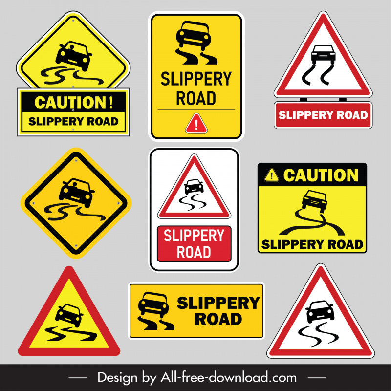 slippery road sign board templates flat geometric shapes cars sketch 