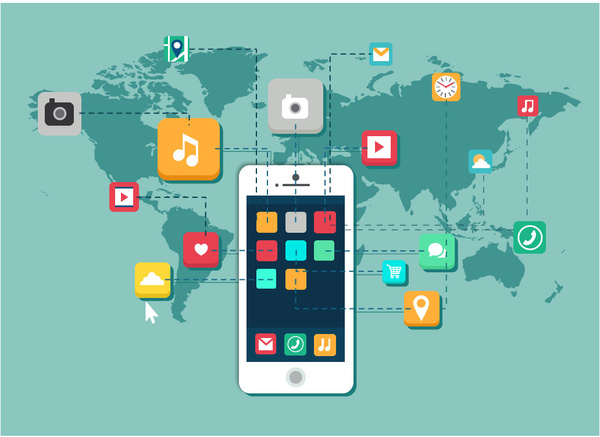 smartphone promotion with ui icons and continents illustration