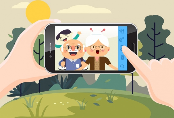 smartphone selfie advertisement human screen icons cartoon design 