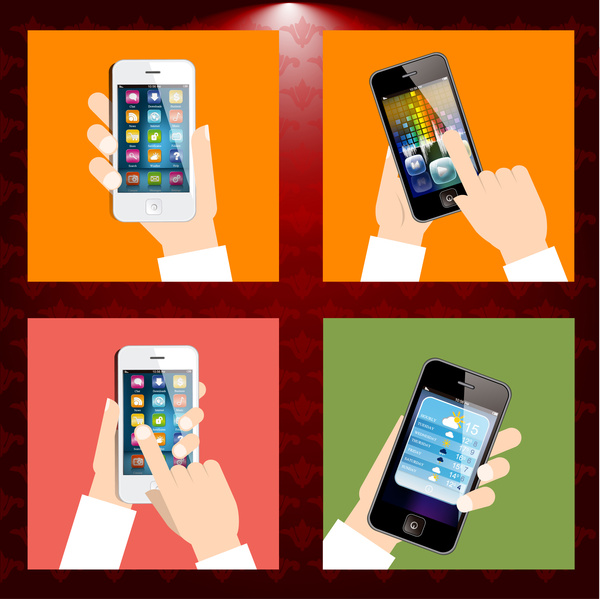 smartphones in hand vector illustrations with retro frame