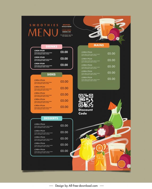 Smoothie menu template dark classic fruits glass cup decor Vectors