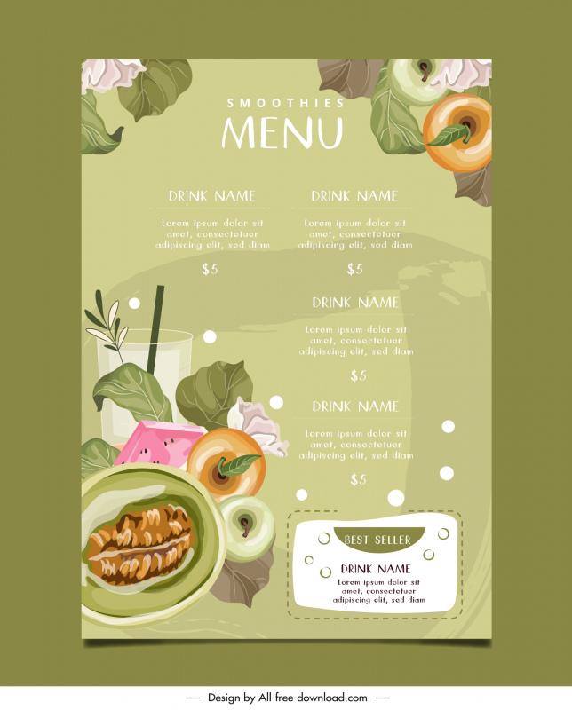 Smoothie shop menu template elegant peach fruit leaves decor Vectors