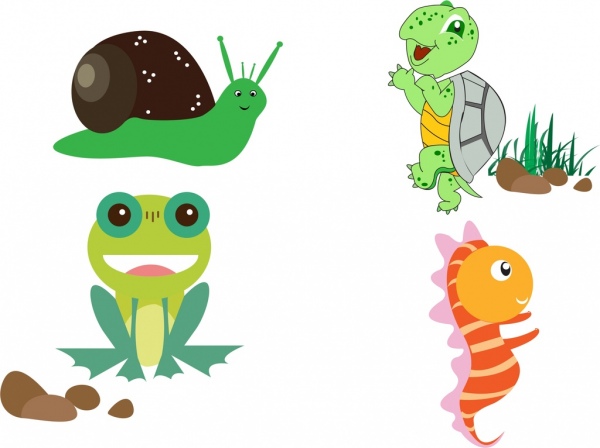 snail turtle frog seahorse icons cute cartoon design