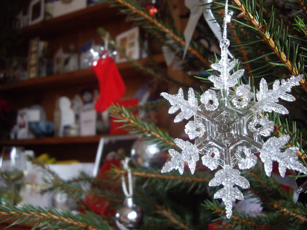 snowflake decoration on christmas tree