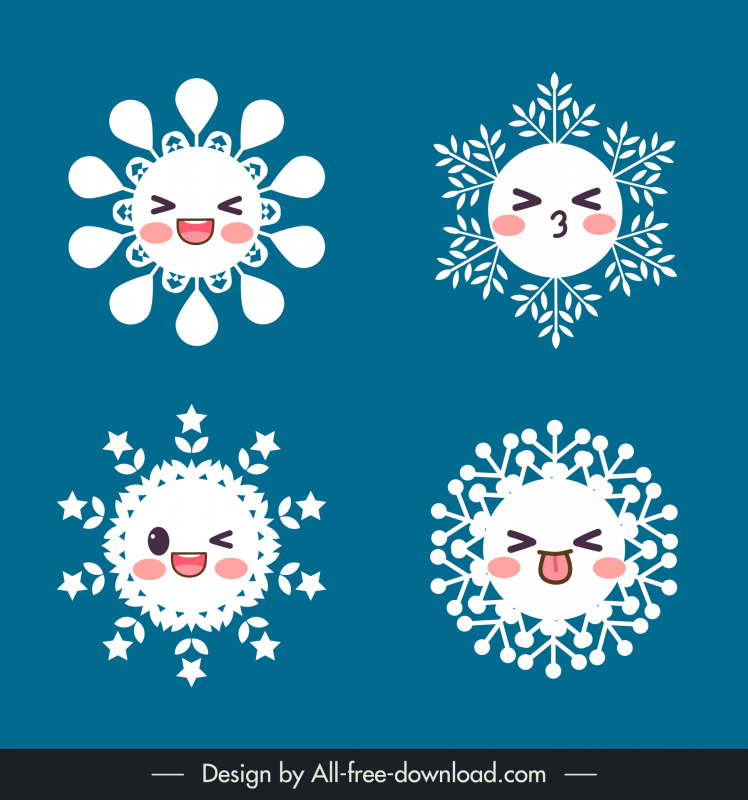  snowflakes sets design elements cute stylized emotional faces sketch