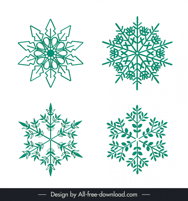 snowflakes sets icons flat symmetric design leaves sketch