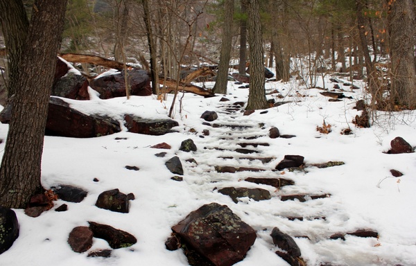 snowy stone steps at devil039s lake state park wisconsin 