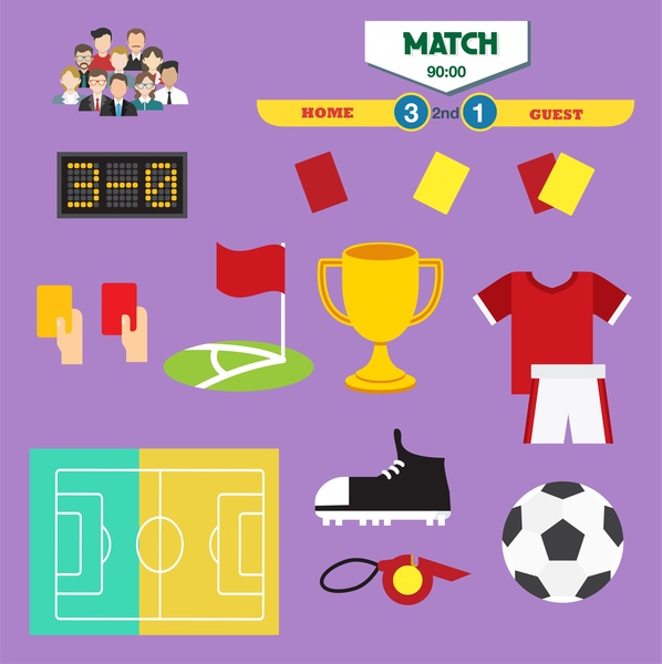 soccer symbol design elements with various colored style