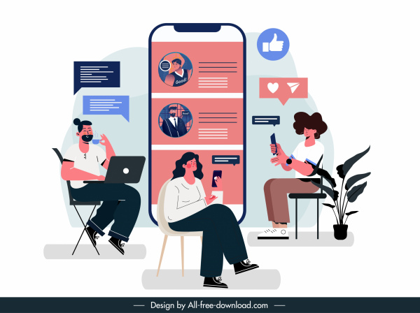 social media banner chatting people digital devices sketch