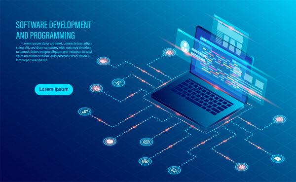 software development coding and business analysis programming of concept data processing computer code with window interface flat isometric illustration