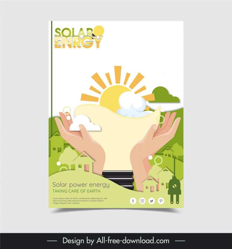 solar power energy poster template hands sun cloud house sketch