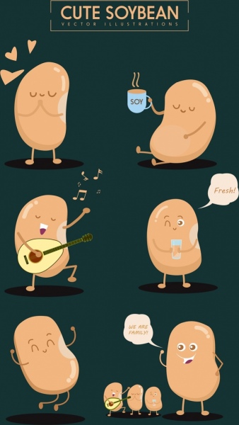 soybean icons collection various cute stylized isolation