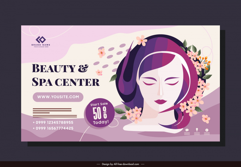 spa beauty banner template elegant cartoon woman face flowers