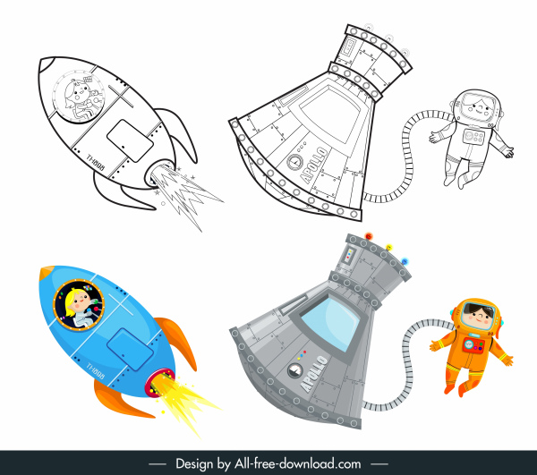space astronaut icons black white colored handdrawn cartoon