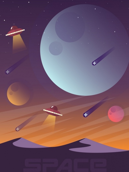 space background planets ufo icons cartoon design