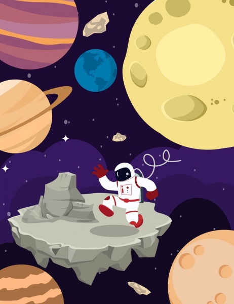 space exploration background astronaut planets icons cartoon design