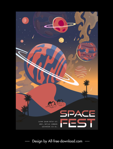 space fest banner planets desert sketch dark design