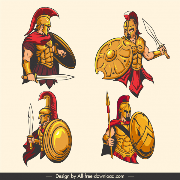 spartan warrior icons elegant design cartoon character sketch