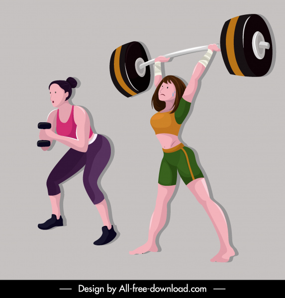 sport girl icons weight lifting sketch cartoon characters