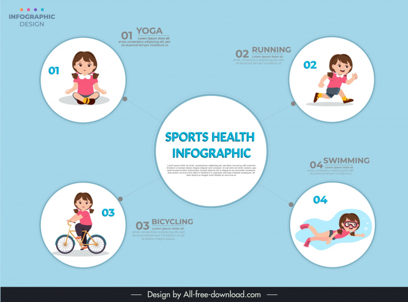 sport health inforgraphics design elements cute cartoon girls circle isolation