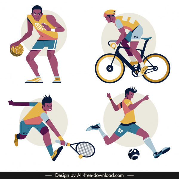 sports icons dynamic men sketch cartoon characters